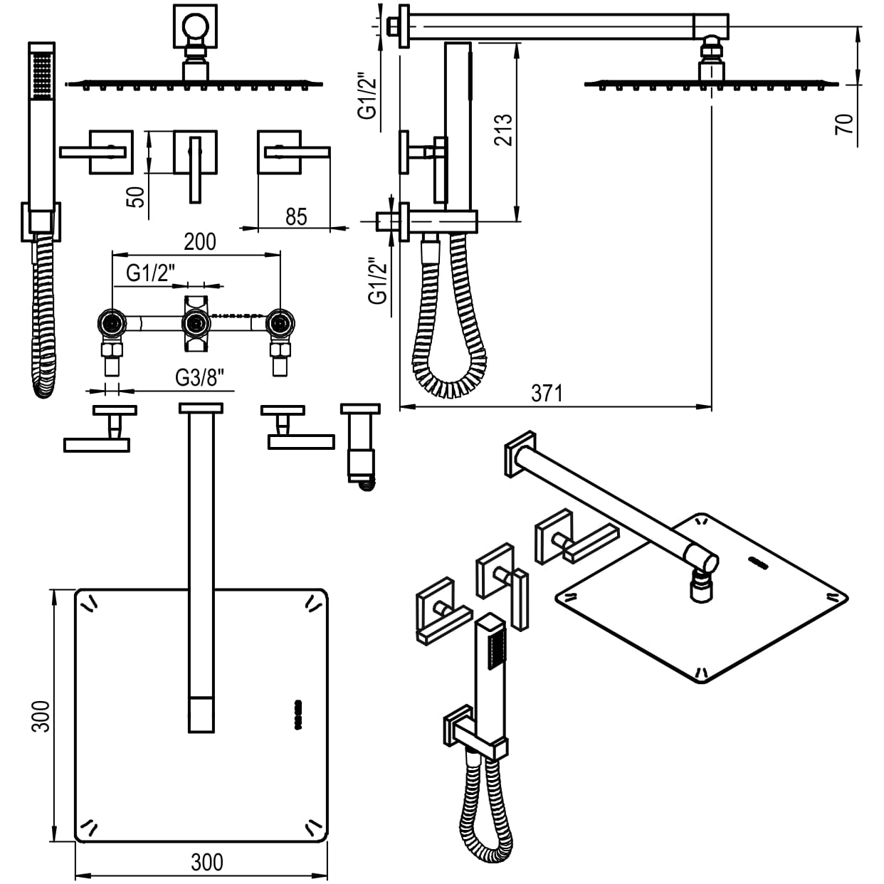 GRIFERIA BICOMANDO DUCHA 2 VIAS CON TRANSFERENCIA CON DUCHADOR BLOCK LEVER BLACK HIDROMET – 10 AÑOS DE GARANTÍA [03453NEGR]