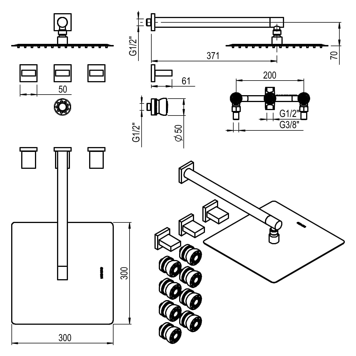 GRIFERIA BICOMANDO DUCHA 2 VIAS CON TRANSFERENCIA CON ESCOCESA BLOCK UP BLACK HIDROMET – 10 AÑOS DE GARANTÍA [34057NEGR]