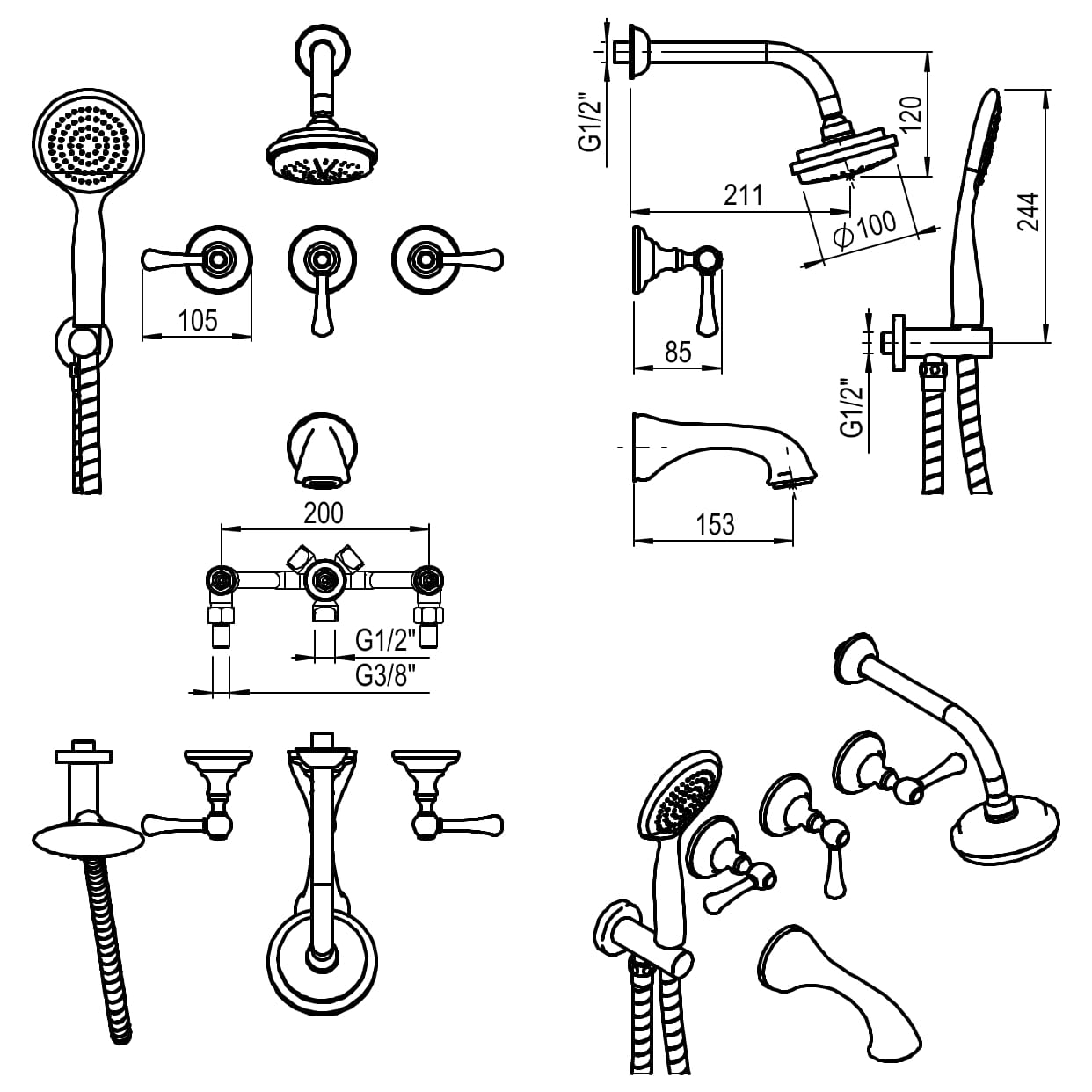 GRIFERIA BICOMANDO DUCHA 3 VIAS CON DUCHADOR BEVERLY LEVER CROMO HIDROMET – 10 AÑOS DE GARANTÍA [00410CRCR]