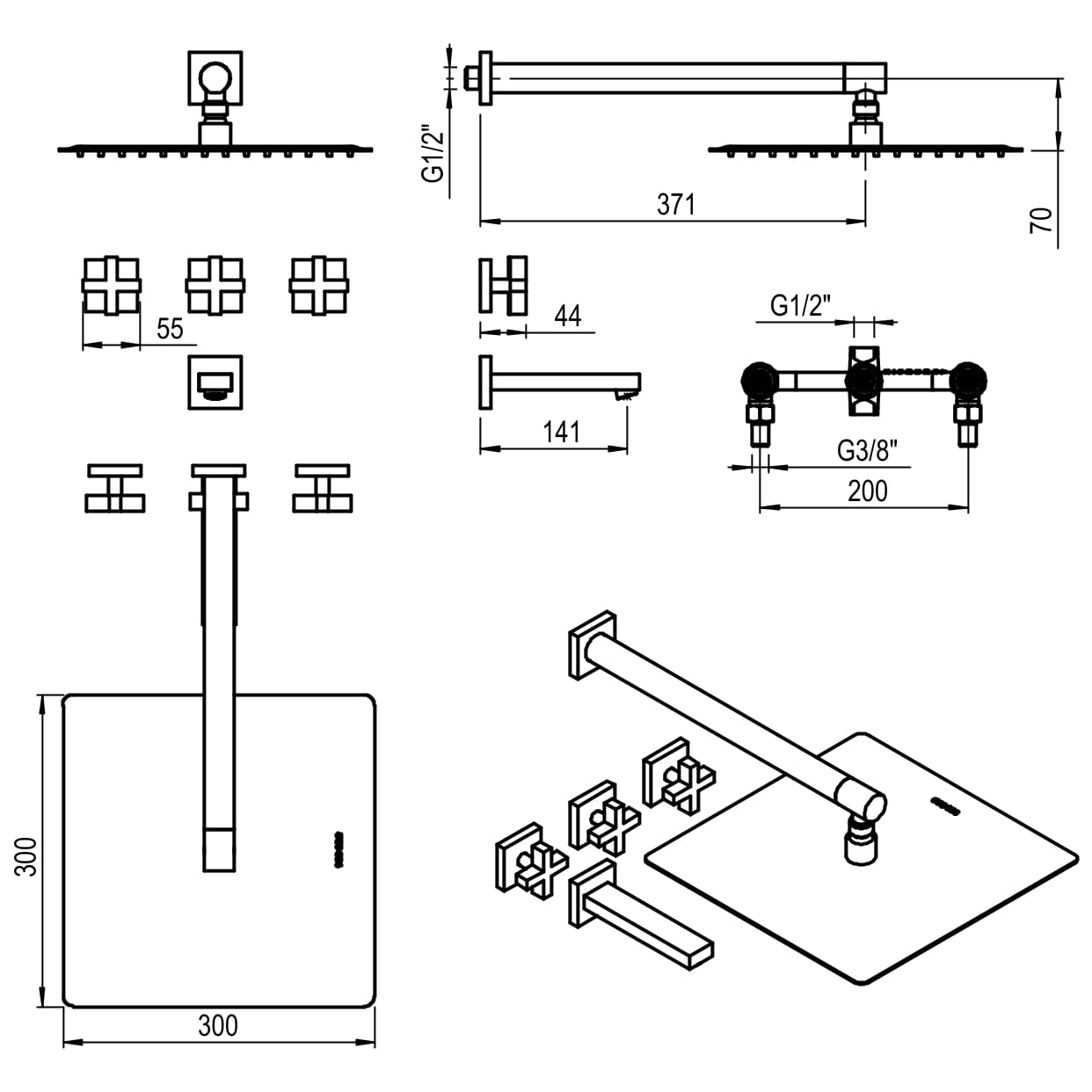 GRIFERIA BICOMANDO DUCHA CON TRANSFERENCIA BLOCK CRUZ BLACK HIDROMET – 10 AÑOS DE GARANTÍA [03403NEGR]