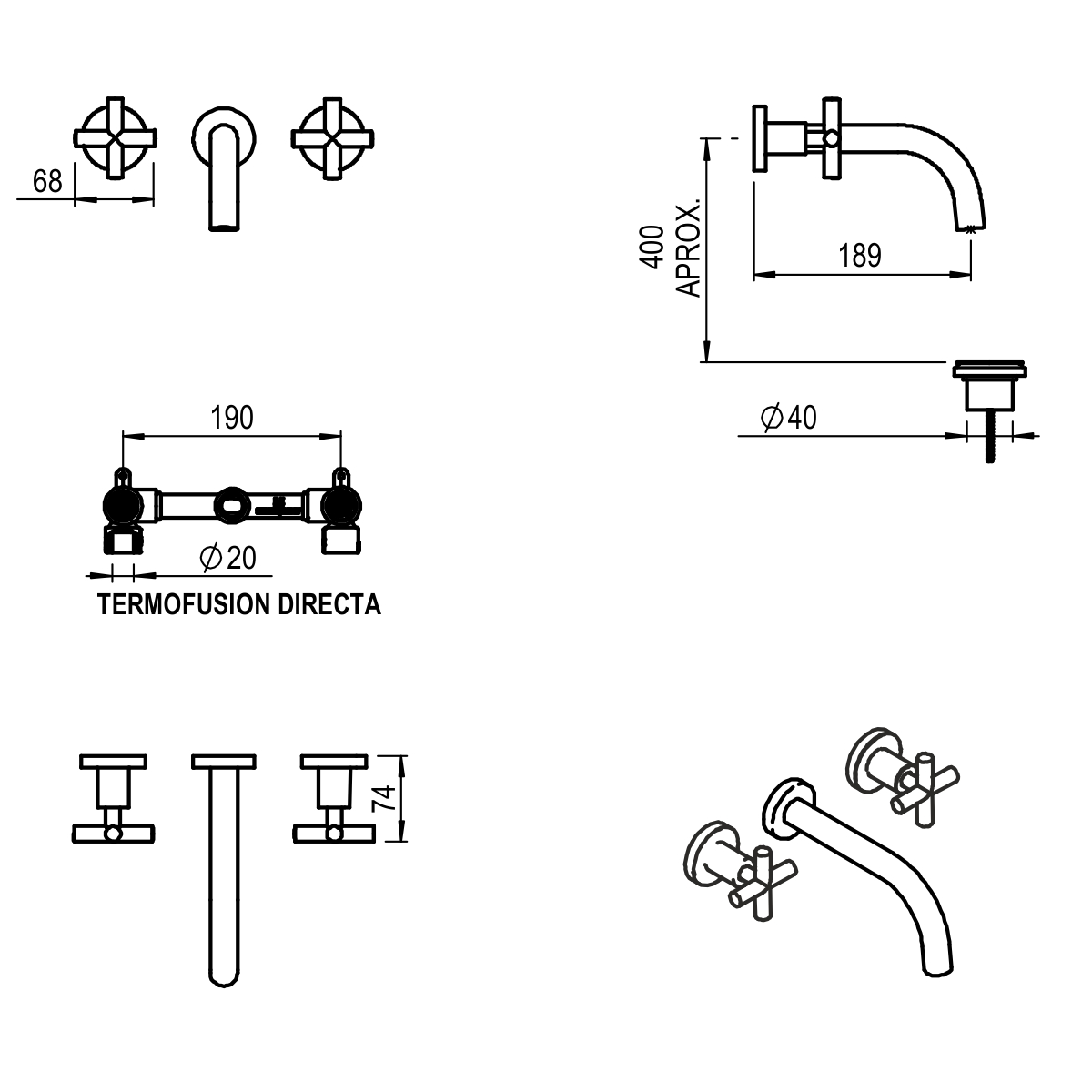 GRIFERIA BICOMANDO LAVATORIO DE PARED SUN CRUZ BLACK HIDROMET – 10 AÑOS DE GARANTÍA [4580NEGR]