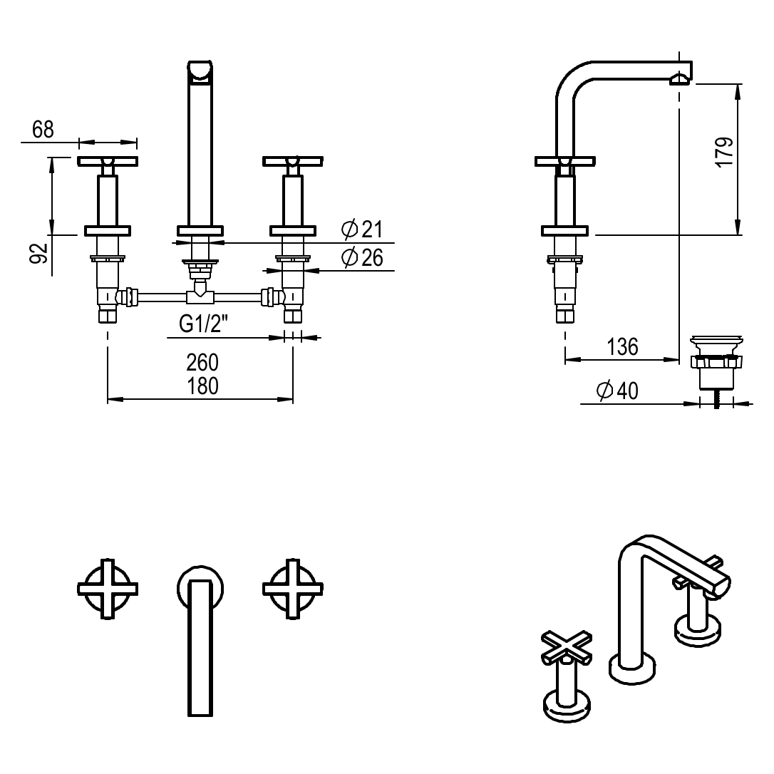 GRIFERIA BICOMANDO LAVATORIO FLAT CRUZ CROMO HIDROMET – 10 AÑOS DE GARANTÍA [84101CRCR]