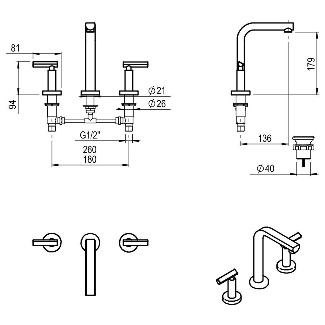 GRIFERIA BICOMANDO LAVATORIO FLAT LEVER BLACK HIDROMET – 10 AÑOS DE GARANTÍA [84106NEGR]
