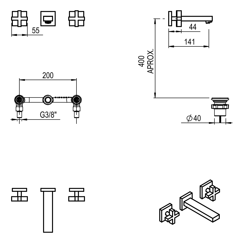 GRIFERIA BICOMANDO LAVATORIO PARED BLOCK CRUZ BLACK HIDROMET – 10 AÑOS DE GARANTÍA [03480NEGR]