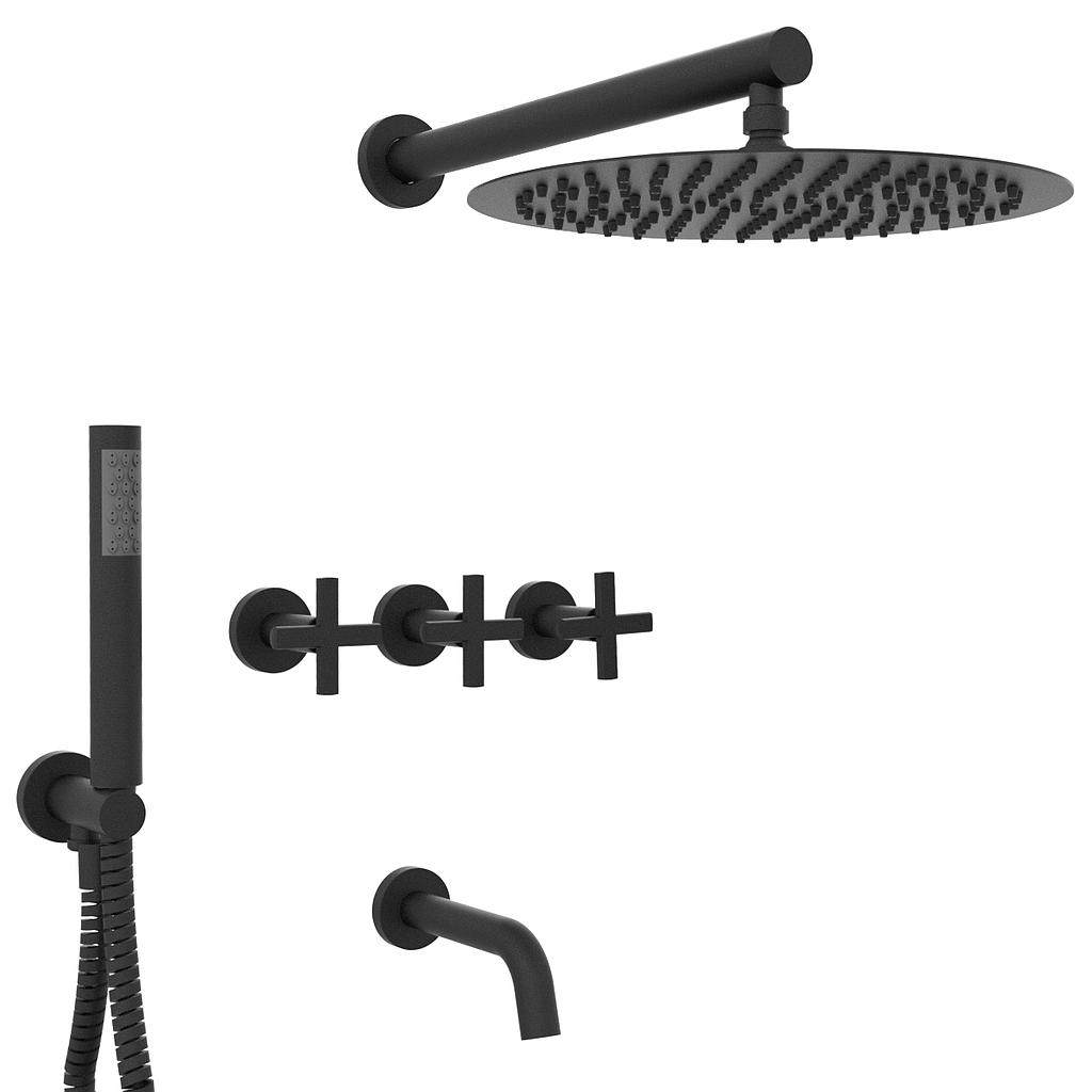 GRIFERÍA DUCHA 3 VIAS BICOMANDO CON TRANSFERENCIA Y DUCHADOR FLAT CRUZ NEGRO - HIDROMET - 10 AÑOS DE GARANTÍA [84105NEGR]