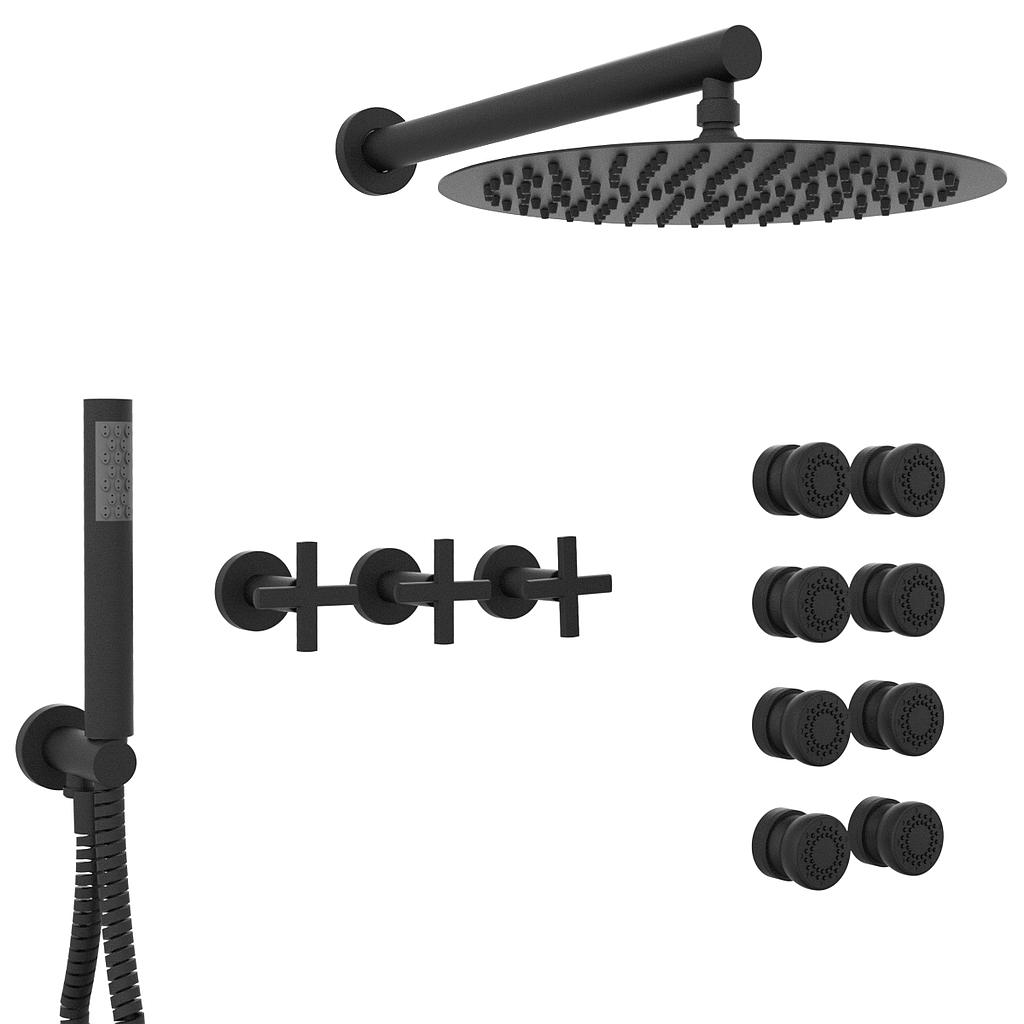 GRIFERÍA DUCHA 3 VIAS BICOMANDO CON TRANSFERENCIA , ESCOCESA Y DUCHADOR FLAT CRUZ NEGRO - HIDROMET - 10 AÑOS DE GARANTÍA [84146NEGR]